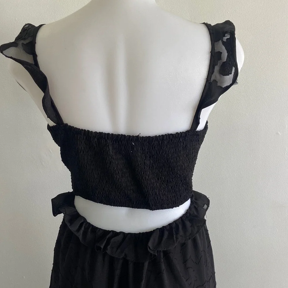 Heartloom Black Burnout Floral Ruffle Midi Dress Smocked Back Cutout Size M